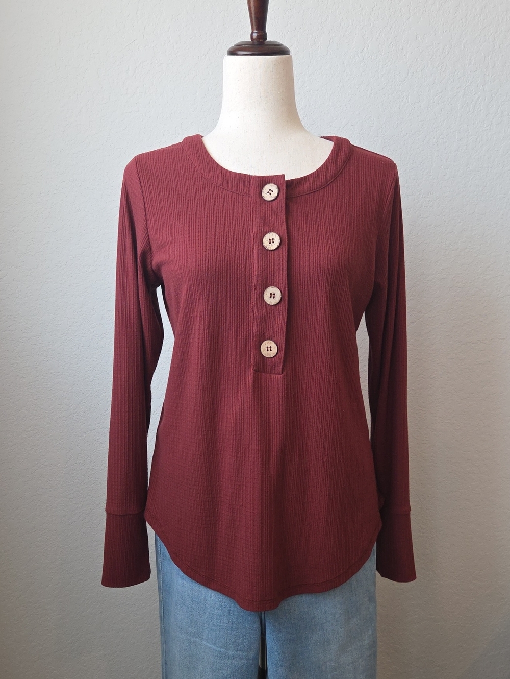 Grace & Lace Long-Sleeve Ribbed Henley Top Burgundy Rust Orange Red Wood Buttons